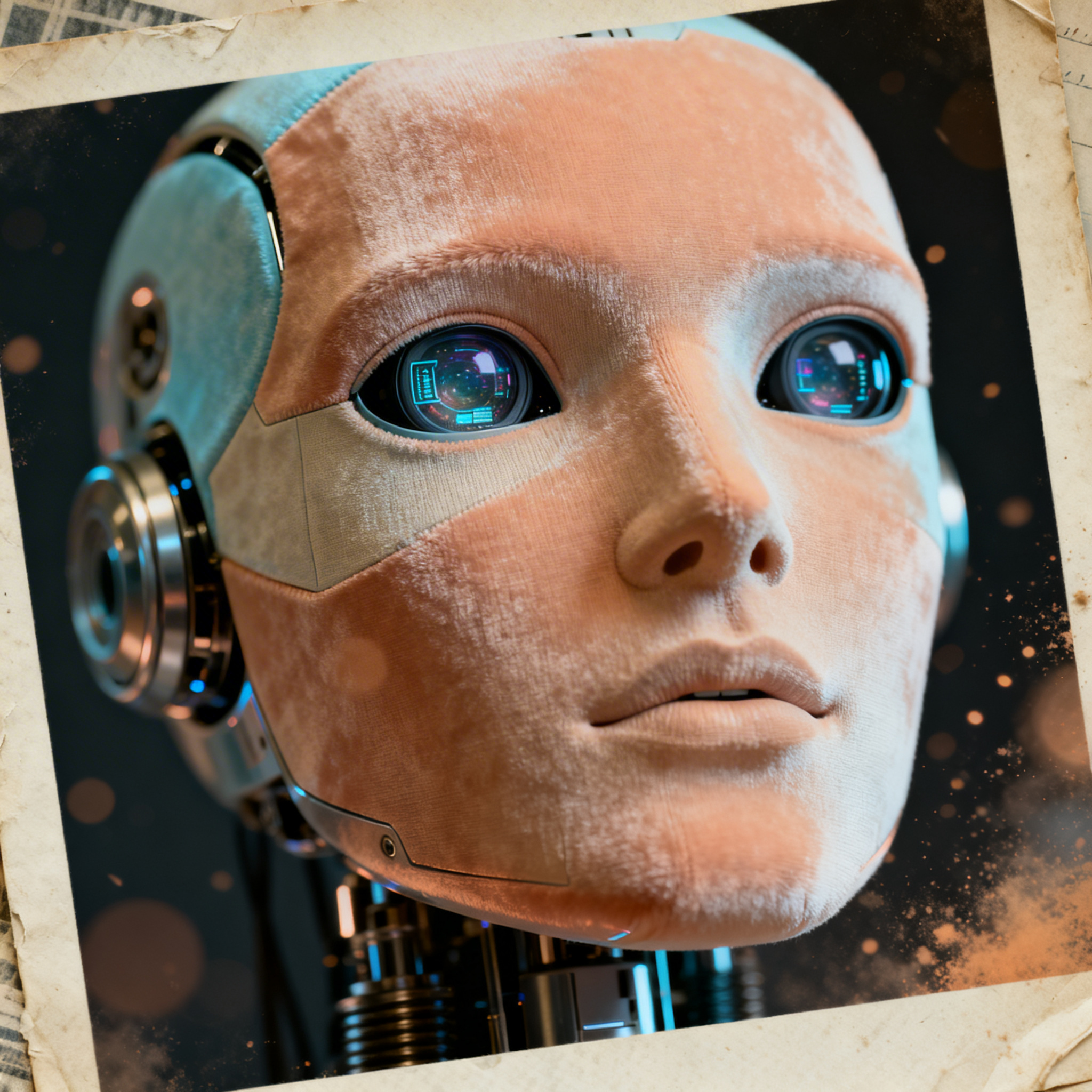 Close-up of AI robot with camera lens eyes and synthetic skin