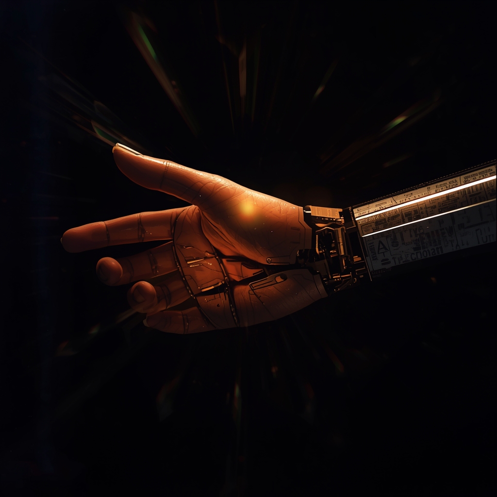 Human touching humanoid AI robot hand