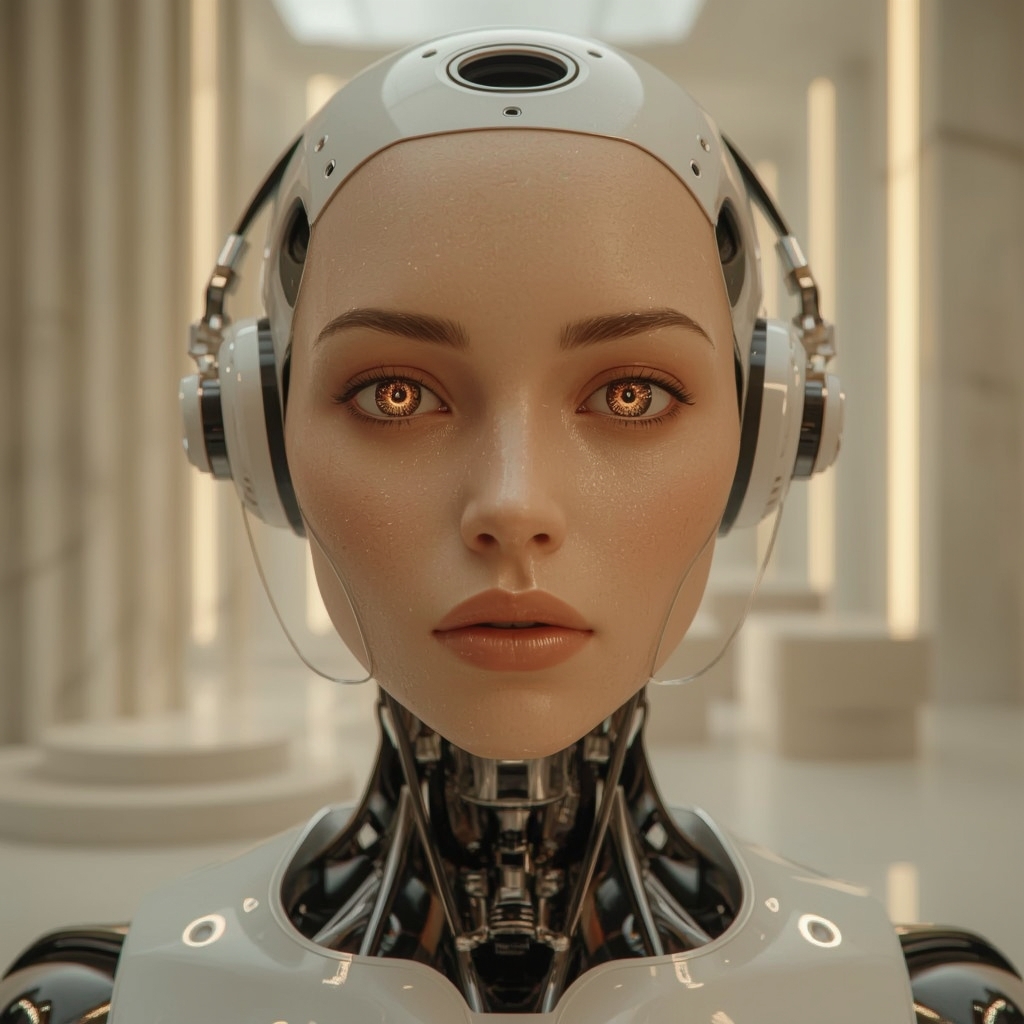 Humanoid AI robot with camera eyes in futuristic lab